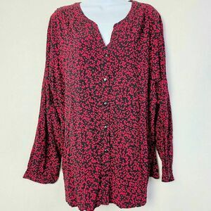 CJ Banks Black Red Floral Button Front Blouse 2X